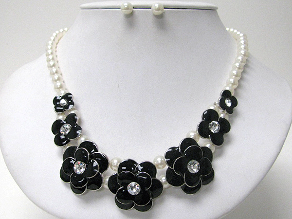 Crystal center epoxy flowers and pearl chain necklace earring set