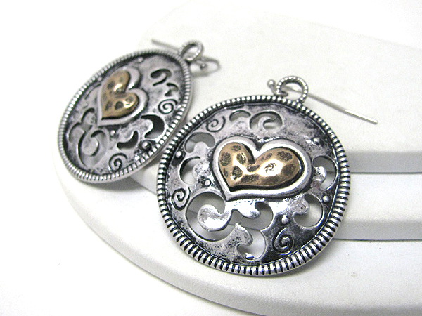 Textured metal disk and heart earring