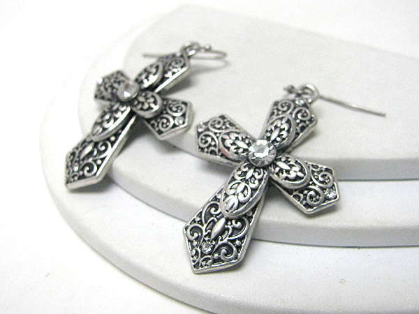 Crystal center metal filigree cross earring