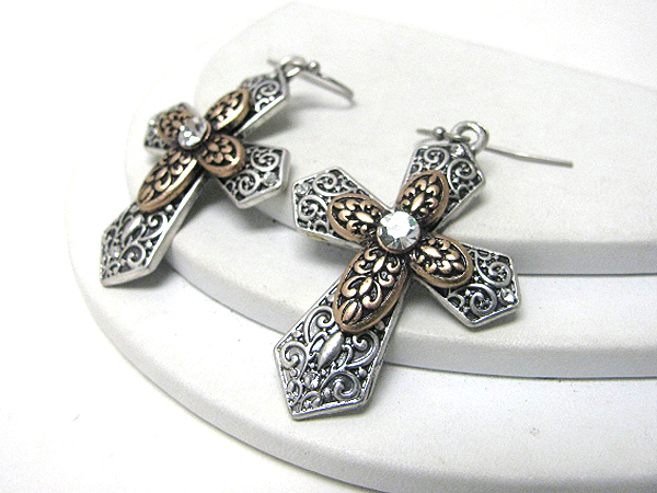 Crystal center metal filigree cross earring