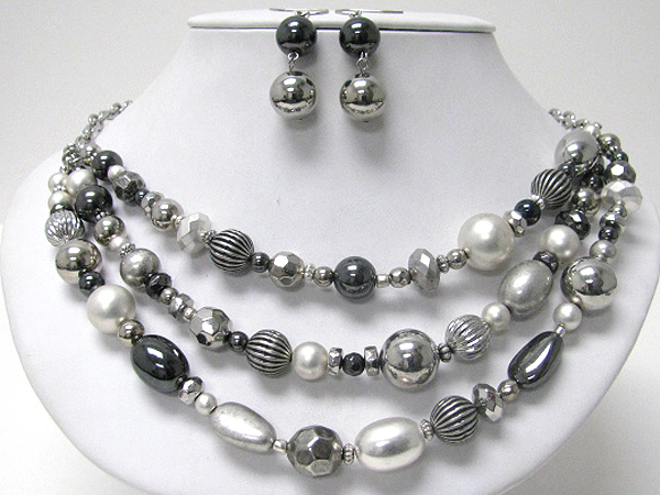 Three layered multi metal bead link necklace earring set