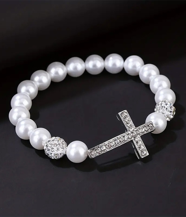 Cross and faux pearl stretch bracelet