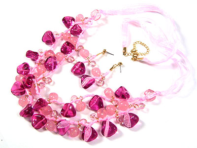 Multi resin beads double layer ribbon strap necklace and earring set