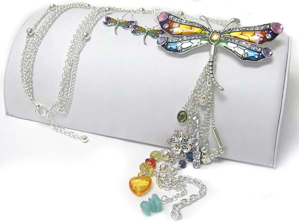 Crystal and enamel art work dragonfly and mixed beads tassel drop long necklace earring set