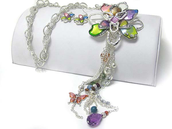 Crystal and enamel art work flower and mixed beads tassel drop long necklace earring set