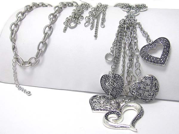 Marcasite look metal multi heart drop long necklace earring set 