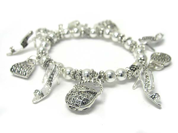 Marcasite look bag and shoe charm stretch bracelet