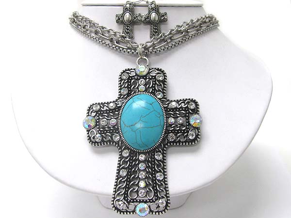 Turquoise and crystal stud extra large cross necklace earring set