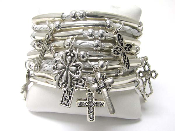 Cross charm multi row braided cord bracelet