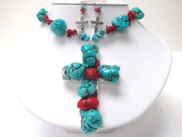 Natural stone chunky cross pendant necklace erarring set