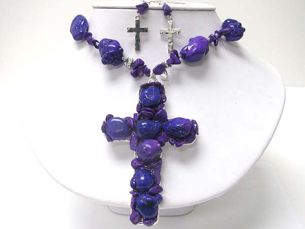 Natural stone chunky cross pendant necklace erarring set