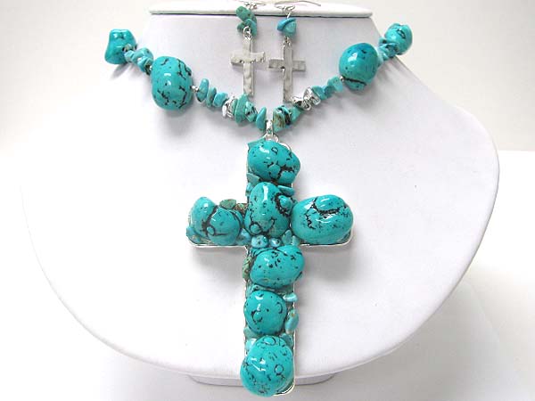 Natural stone chunky cross pendant necklace erarring set