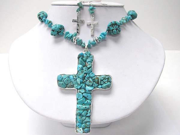 Natural stone mosaic cross pendant necklace erarring set