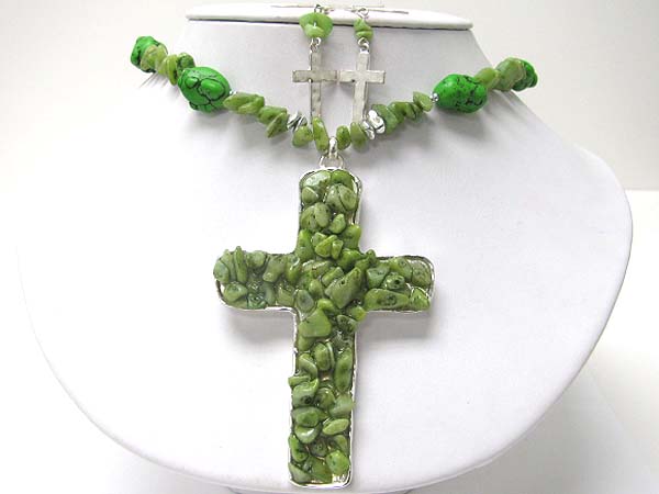 Natural stone mosaic cross pendant necklace erarring set