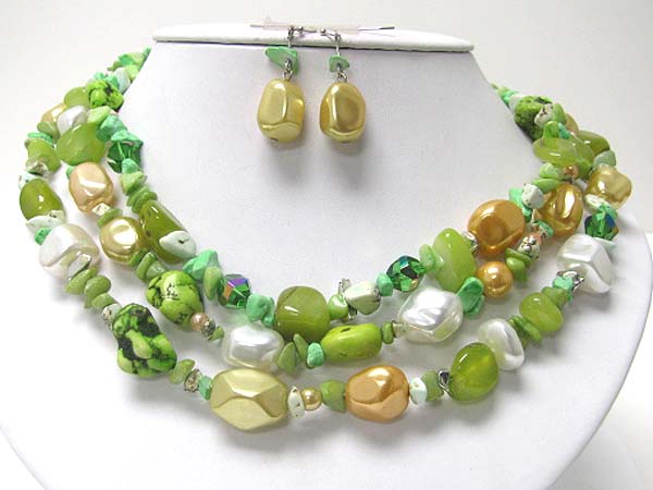 Triple strand natural stone and mixed semi precious stone necklace earring set