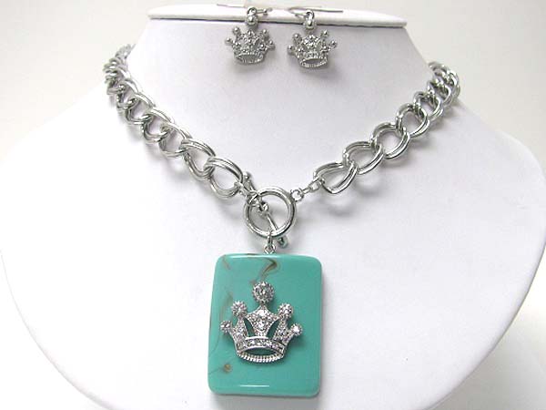 Crystal crown on formica stone pendant toggle chain necklace earring set