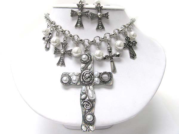 Pearl and metal deco chunky cross dangle necklace earring set