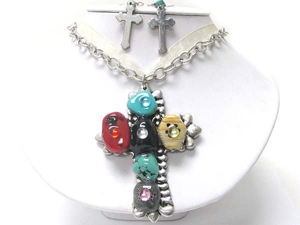 Natural stone chunky cross pendant necklace erarring set