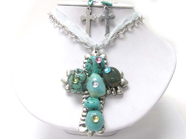 Natural stone chunky cross pendant necklace erarring set