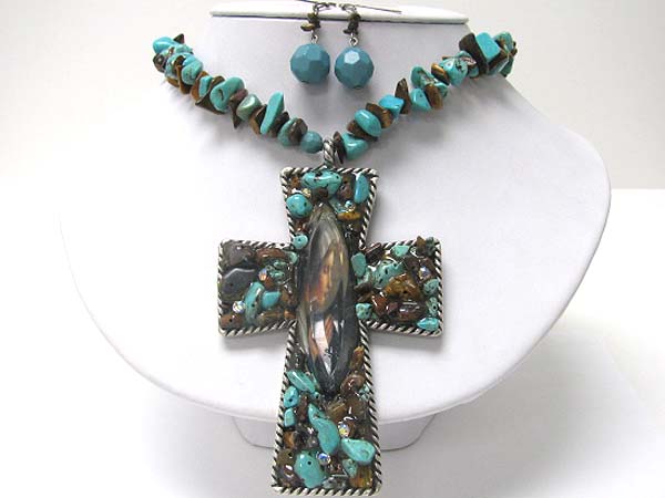 Natural stone mosaic cross pendant necklace erarring set