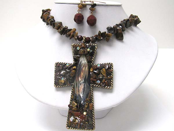 Natural stone mosaic cross pendant necklace erarring set