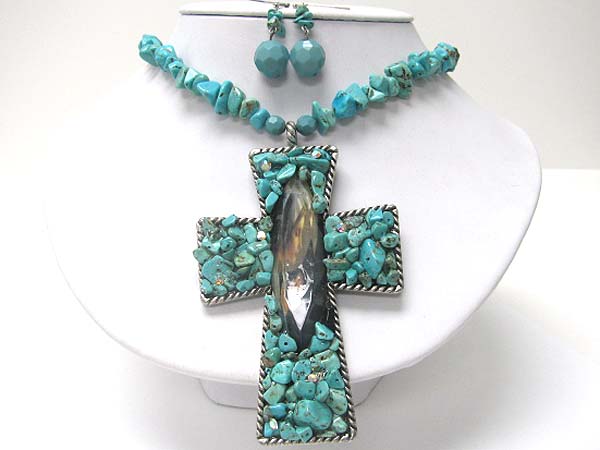 Natural stone mosaic cross pendant necklace erarring set