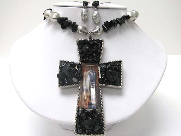 Natural stone mosaic cross pendant necklace erarring set