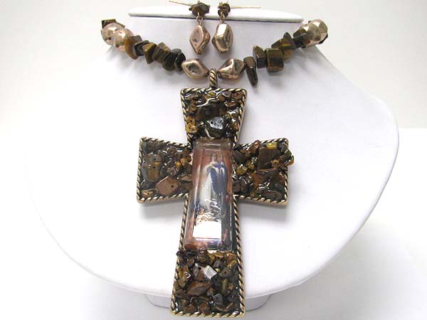 Natural stone mosaic cross pendant necklace erarring set