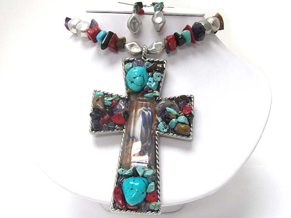 Natural stone mosaic cross pendant necklace erarring set