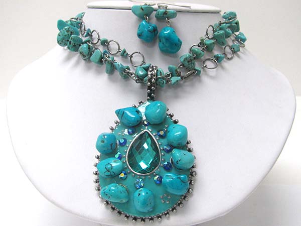 Natural stone and crystal mosaic tear pendant necklace erarring set