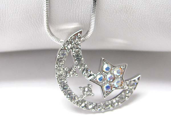 Made in korea whitegold plating crystal half moon and star pendant necklace