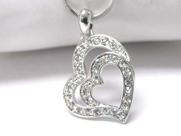 Made in korea whitegold plating crystal dual heart pendant necklace