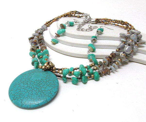 Multi seed beads and chip stone drop round natural stone chain necklace earring set