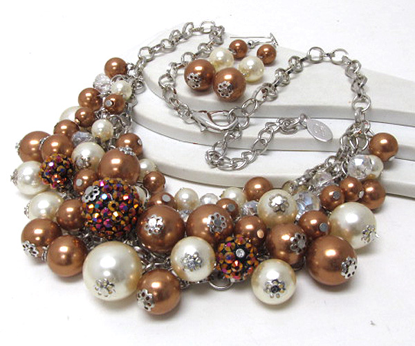 Multi pearl and crystal glass with fire ball drop chain necklace earring set