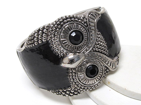 Antique look metal and epoxy head owl with crystal eyes hinge bangle 