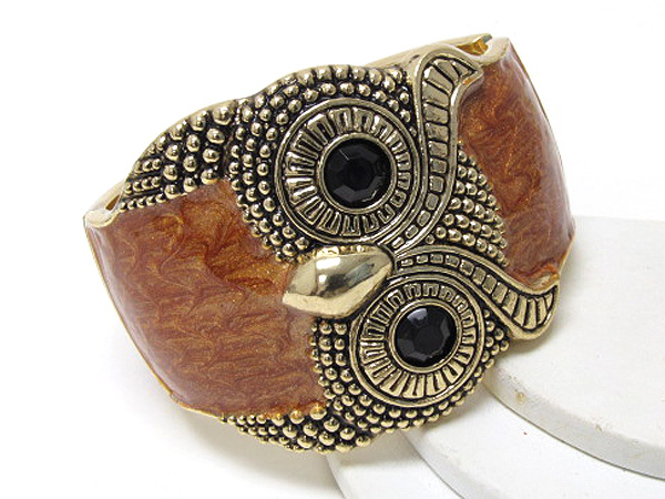 Antique look metal and epoxy head owl with crystal eyes hinge bangle 