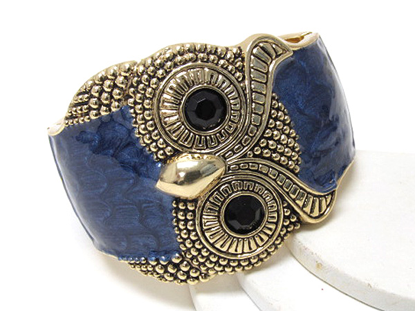 Antique look metal and epoxy head owl with crystal eyes hinge bangle 