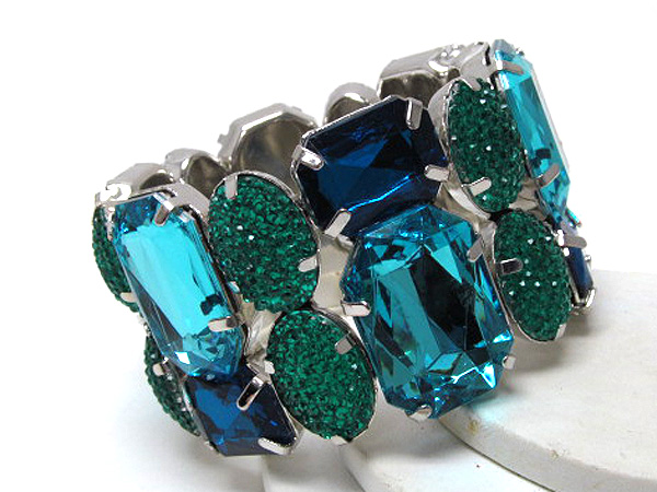 Multi fashion oval with square crystal glass and facet glass stretch bracelet