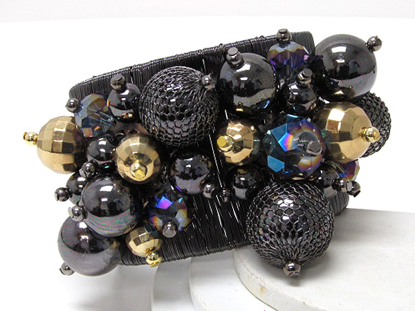 Multi crystal glass and metal mix charm balls wraped wired fahion metal cuff bangle 