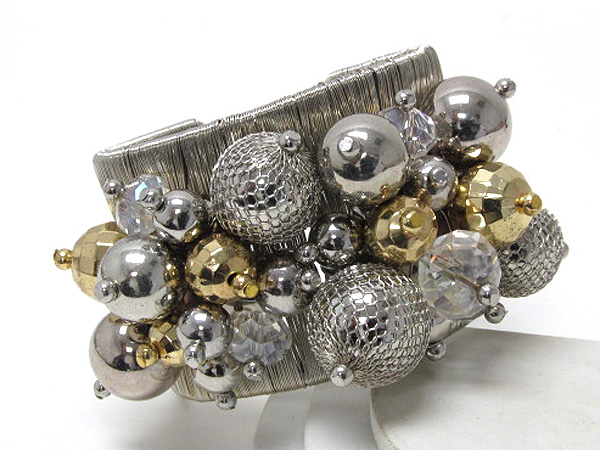 Multi crystal glass and metal mix charm balls wraped wired fahion metal cuff bangle