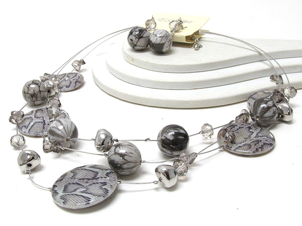 Animal print shell disk and balls with chip stone and metal wired necklace earring set