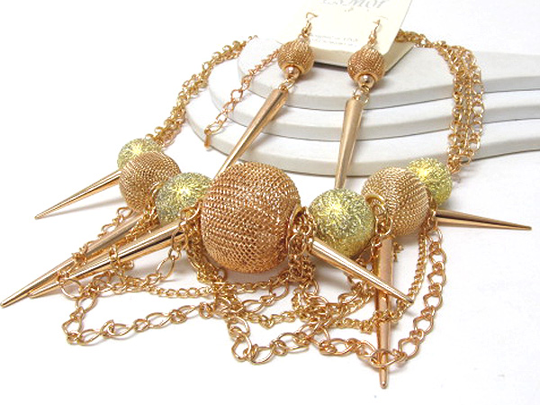 Multi spkies with multi chain with  basketball wives metal mesh balls and sandy inspired  necklace earring set