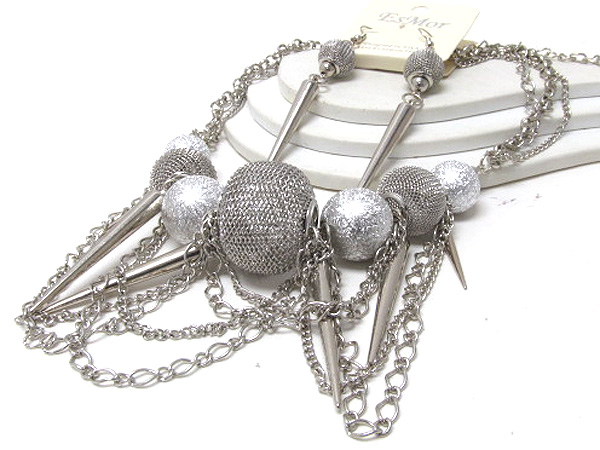 Multi spkies with multi chain with  basketball wives metal mesh balls and sandy inspired  necklace earring set