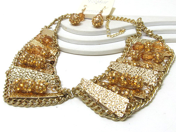 Multi hammered rectangle and fireballs with crystal glass patern fashion chain necklace earring set