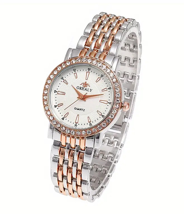 Grealy quartz watch with silver and rose gold metal band