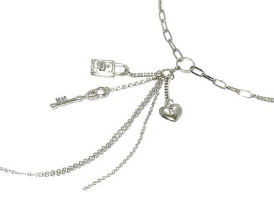 Multi small charm - lock key and heart  with chain drop necklace