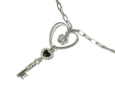 Dangling crown in heart and key necklace