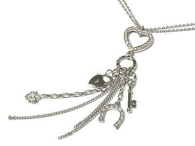 Multi small charm - heart key horse shoe with chain drop with double chain necklace