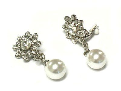 Crystal flower with dangling sim pearl clip on earring