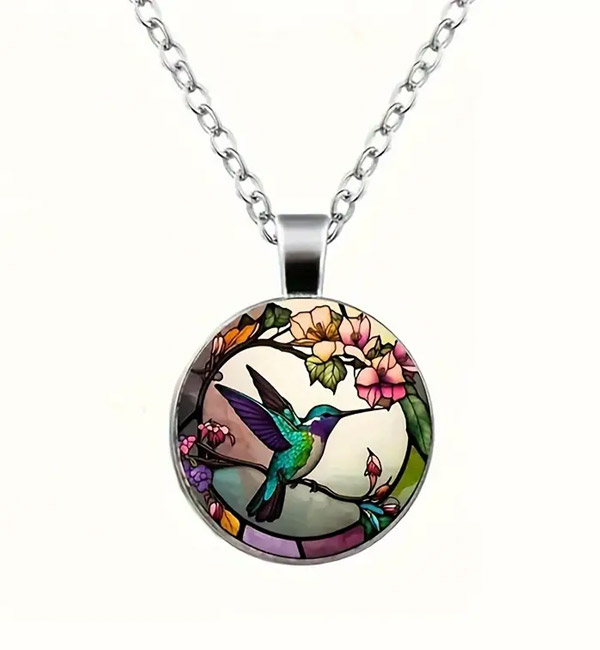 Colorful hummingbird glass dome pendant necklace